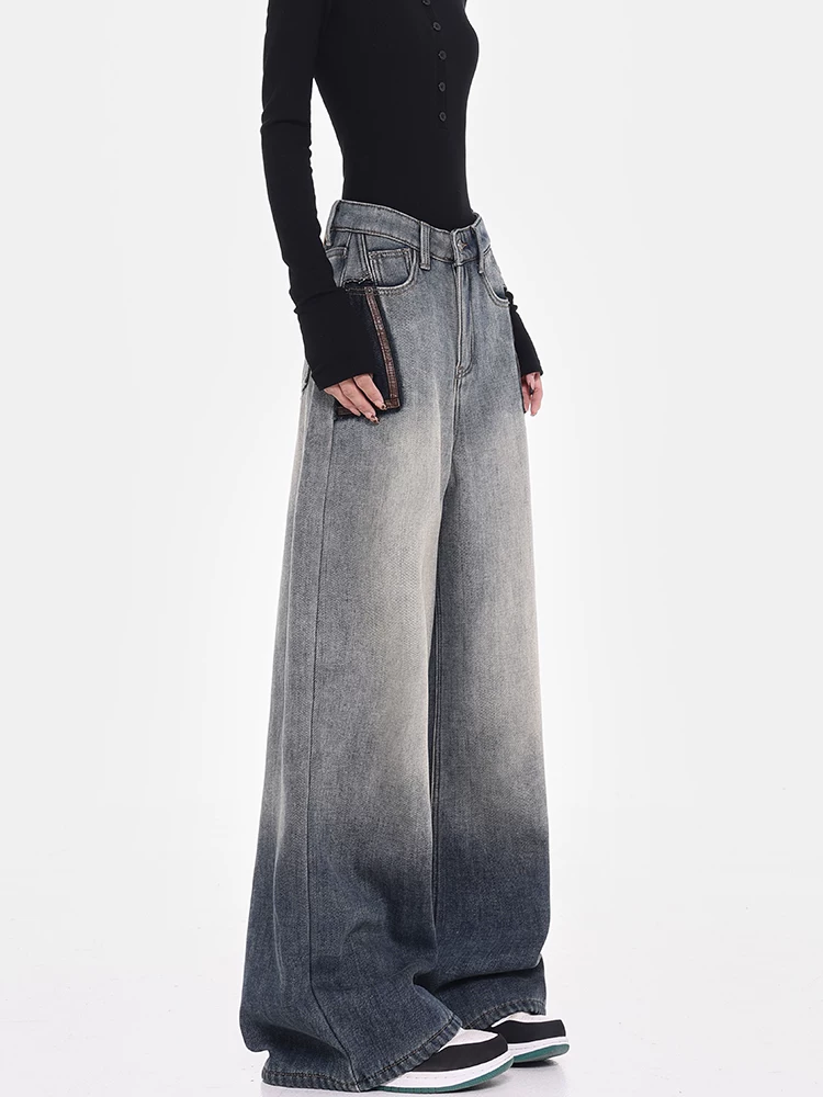 Quần jeans ống rộng màu xanh retro lót lông cừu mùa thu đông KEN STUDIO2025 dành cho nữ, thiết kế thời trang, quần dài cạp cao xước kiểu dáng hiện đại