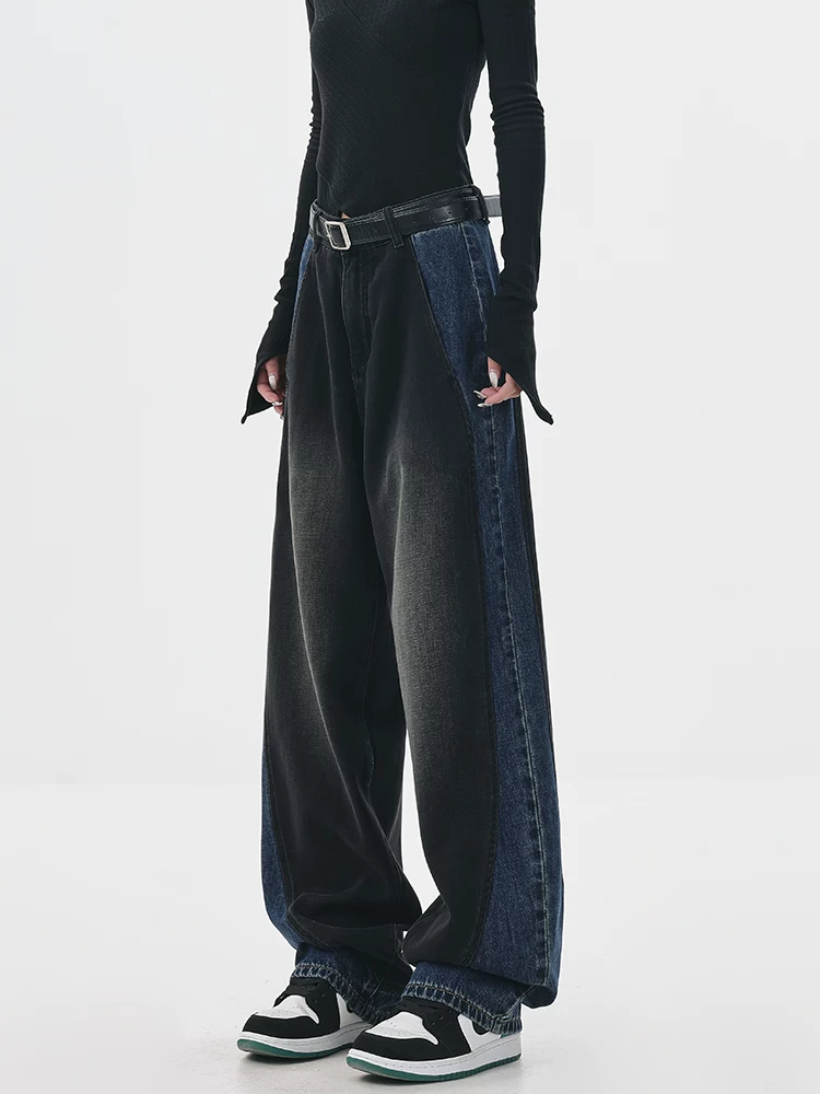 KEN STUDIO quần jean chắp vá màu sắc cổ điển mới mùa thu đông dành cho nữ, quần ống rộng cạp cao giúp thon gọn.