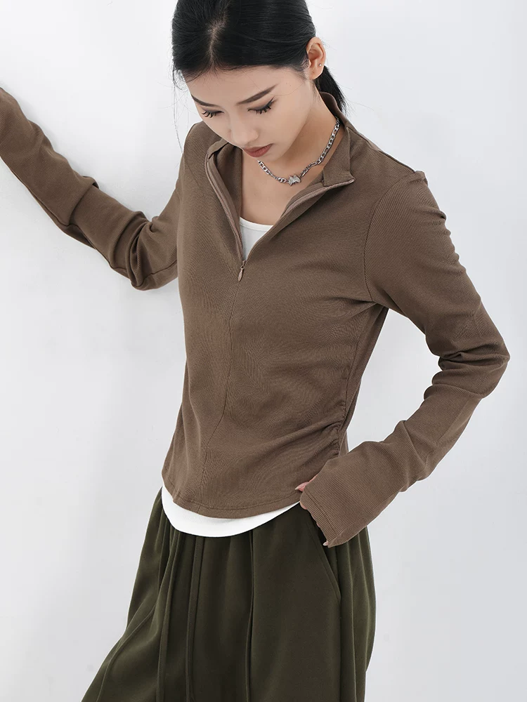 KEN STUDIO Áo thun dài tay dáng ôm màu cà phê mới mùa xuân thu dành cho nữ, áo sơ mi thiết kế dây kéo giả hai mảnh