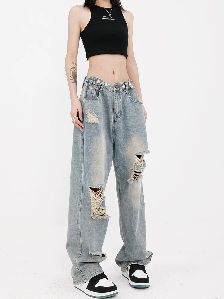 KEN STUDIO quần jean rách phối màu cho nữ, quần ống rộng dáng rộng dài đến sàn mùa xuân hè mới