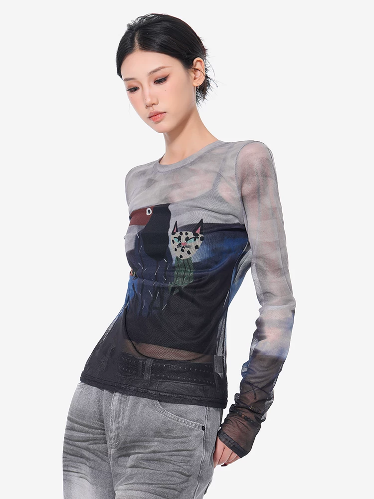 Áo thun dài tay in lưới mới của KEN STUDIO mùa xuân hè, hơi co giãn, hơi xuyên thấu, ôm vừa vặn, áo nữ đa năng