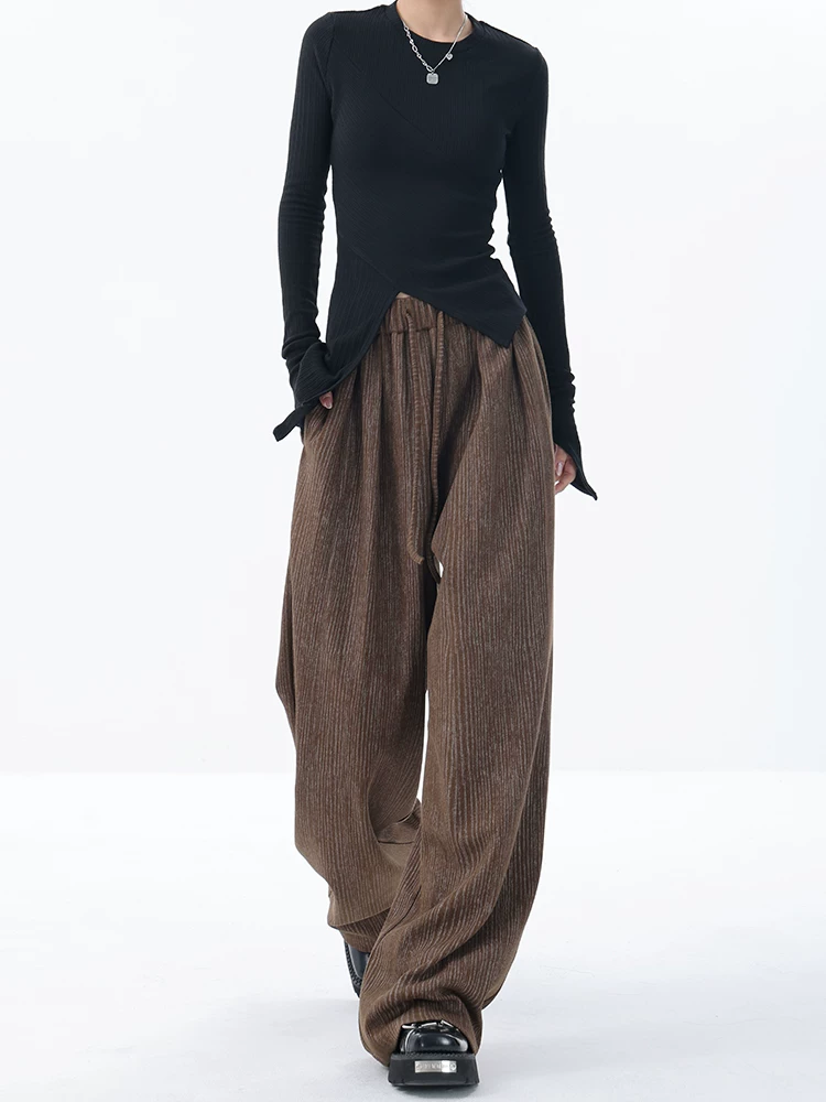 KEN STUDIO quần ống rộng sọc mới đầu thu dành cho nữ với thiết kế eo xếp ly và quần dài chạm sàn