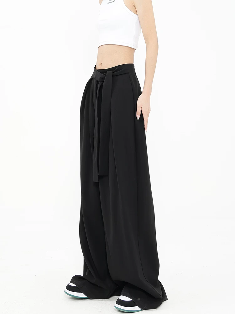 KEN STUDIO Quần âu ống đứng màu đen mới mùa xuân thu dành cho nữ, dáng rộng và bay bổng, quần ống rộng đa năng.