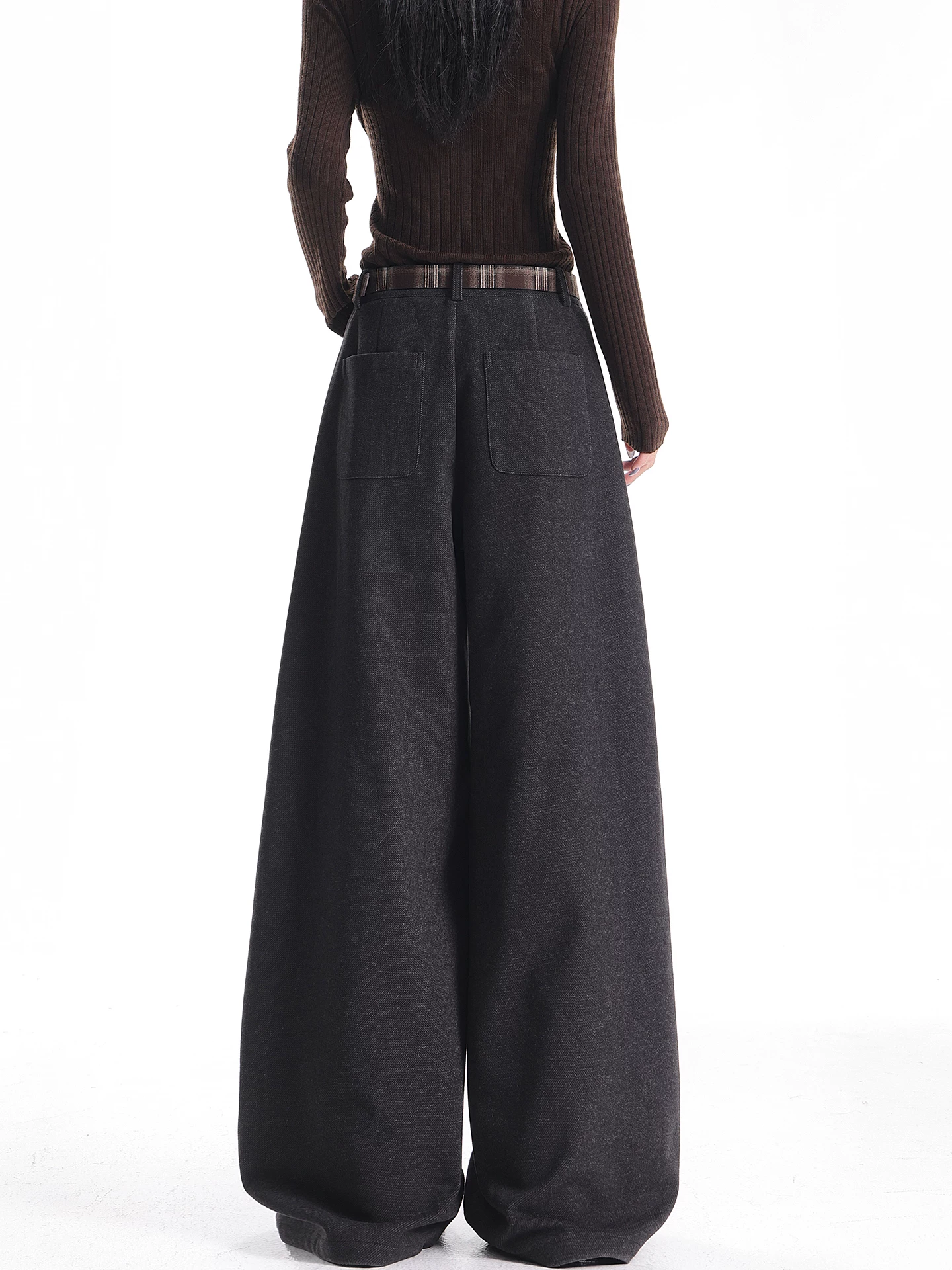 KEN STUDIO Quần âu ống rộng bằng len màu xám thu đông mới dành cho nữ, dáng rộng và đa năng, quần dài dày, quần dài