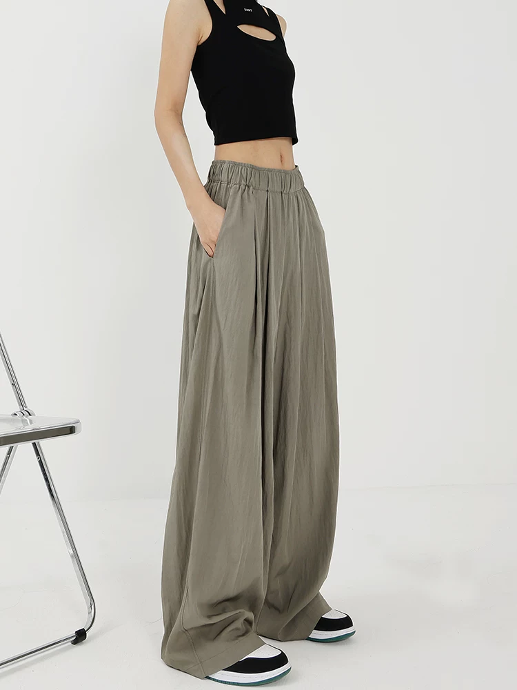 KEN STUDIO quần ống rộng màu xám mới mùa hè dành cho nữ, quần Yamamoto dài xếp ly, dáng rộng, đa năng, dài đến sàn