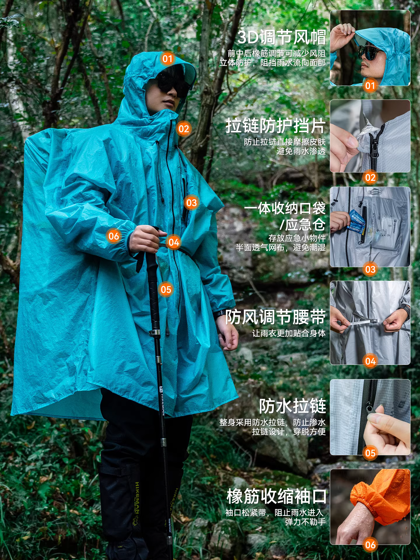 Áo mưa đi bộ đường dài có khóa kéo, áo mưa du lịch chống gió toàn thân và chống mưa bão, chất liệu silicon nhẹ, di động, kiểu balo