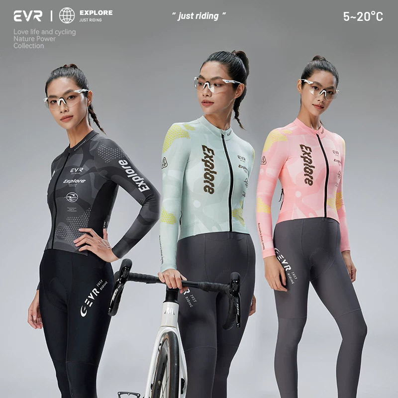 Áo thun đi xe đạp bằng lông cừu mùa thu đông EVR dành cho nữ, áo đi xe đạp đường trường ấm áp và giúp giảm béo với thiết kế in hình.