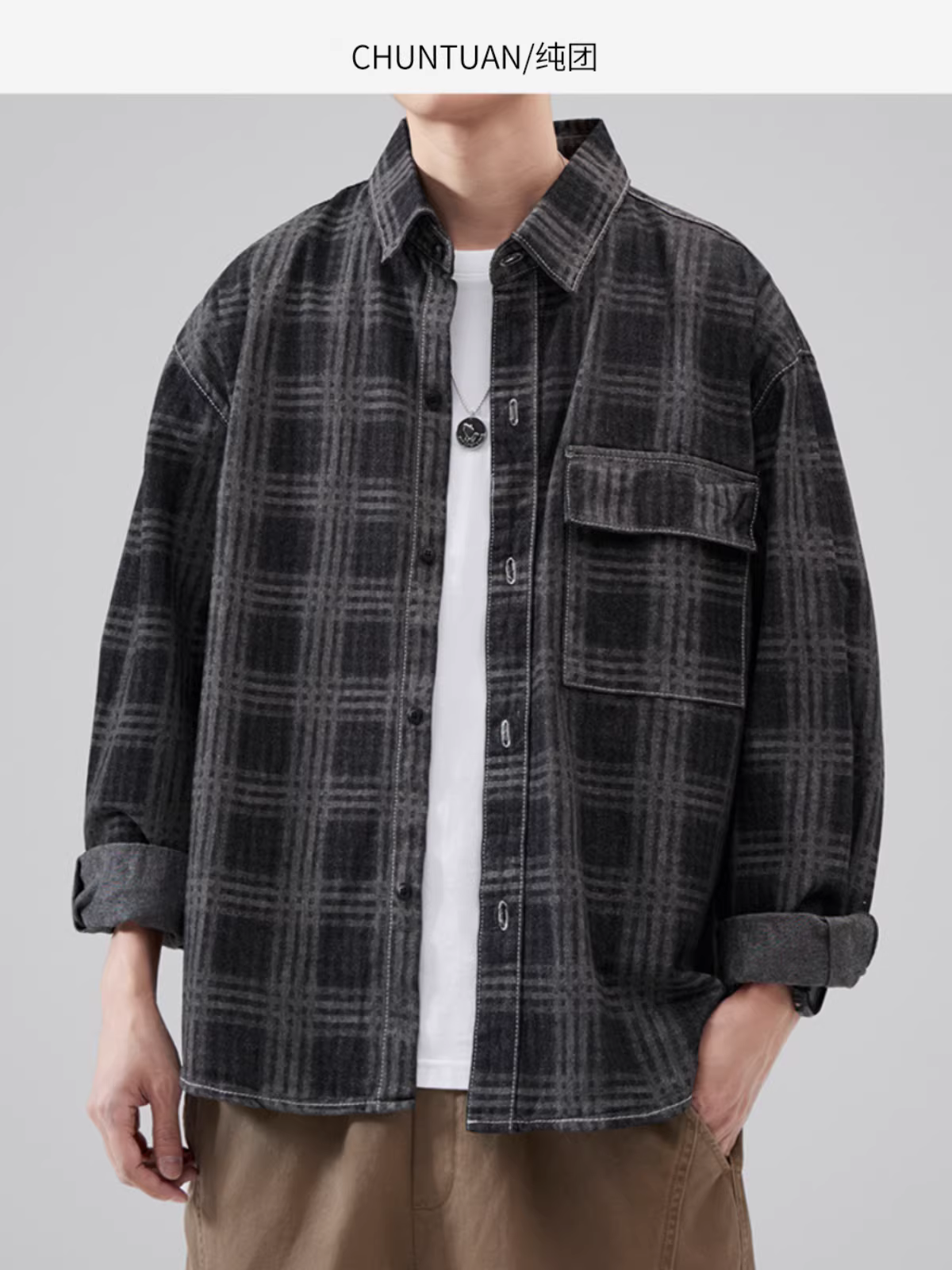 Áo khoác sơ mi denim kẻ sọc nặng dành cho nam, mùa thu kiểu Mỹ cổ điển, dáng rộng, cổ áo dài tay, kiểu dáng oversized