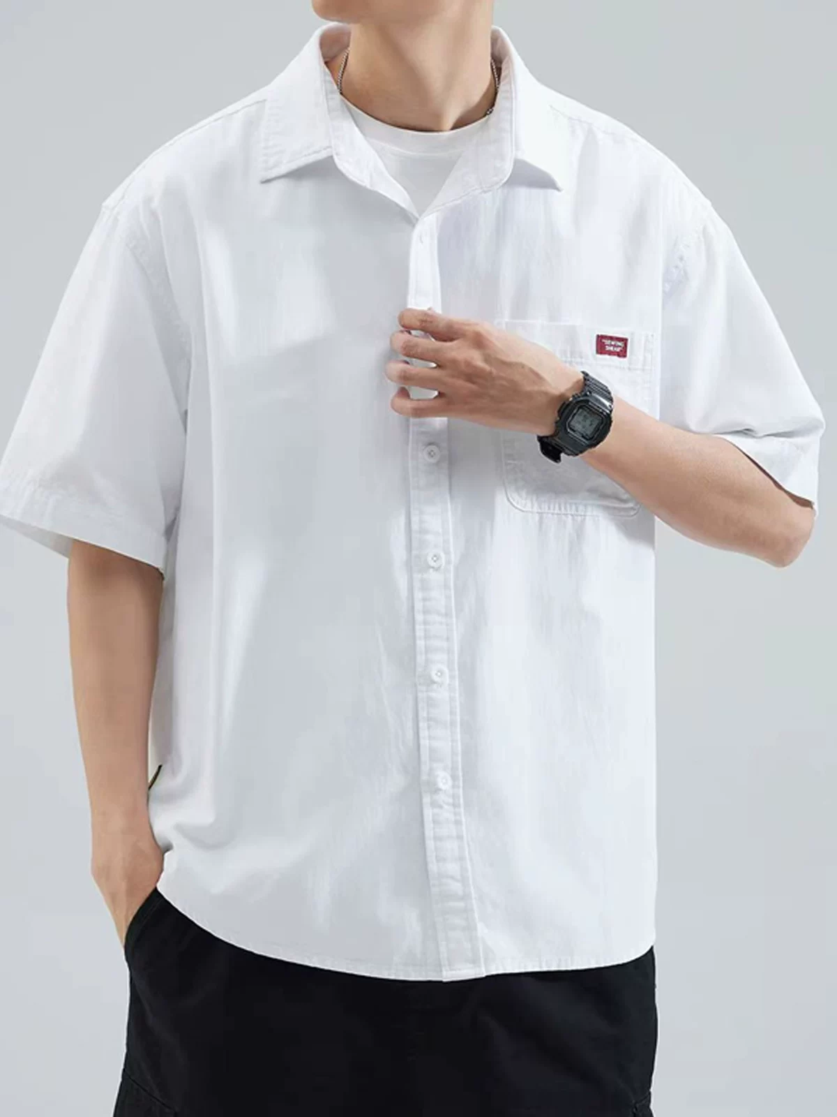 Áo sơ mi nam tay ngắn bằng cotton nguyên chất hạng nặng, áo sơ mi có túi dáng rộng phong cách Mỹ mùa hè, áo sơ mi nửa tay màu trắng cao cấp.