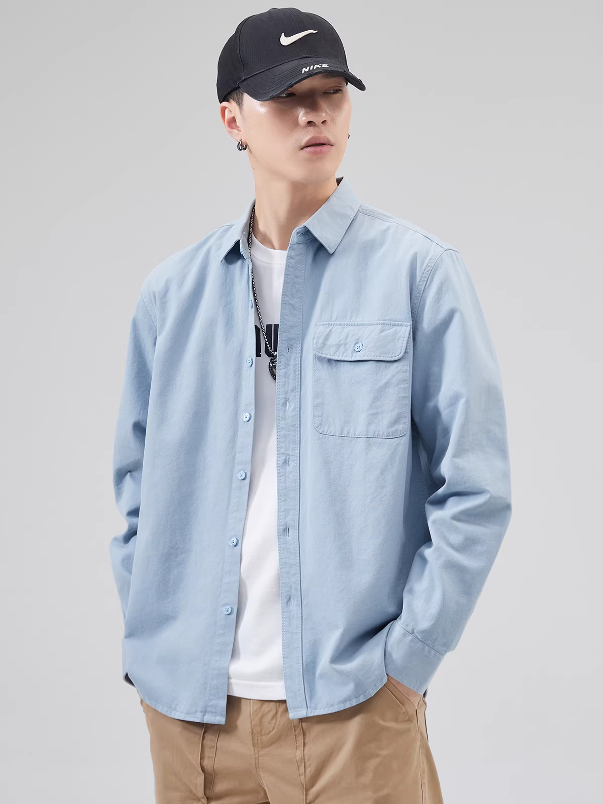 Áo sơ mi nam chất liệu cotton 100%, dày 400G, tay dài, phong cách Mỹ mùa thu, áo khoác sơ mi trắng cao cấp, kiểu dáng thường ngày