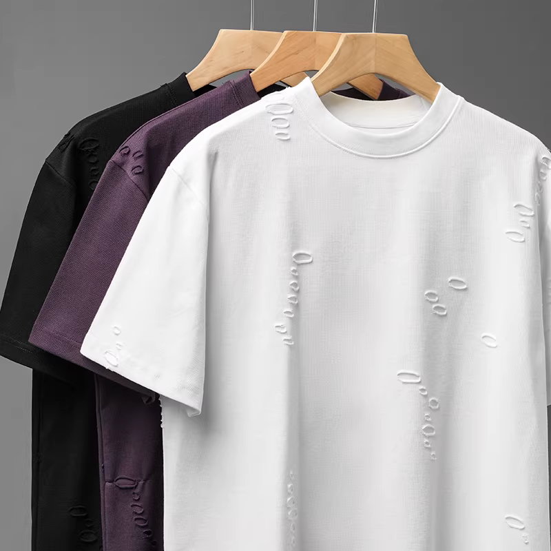 Áo thun nam tay ngắn chất liệu dày 320G, kiểu dáng rộng rãi, cổ tròn, màu trắng tinh khiết, phong cách đường phố Mỹ, mùa hè.