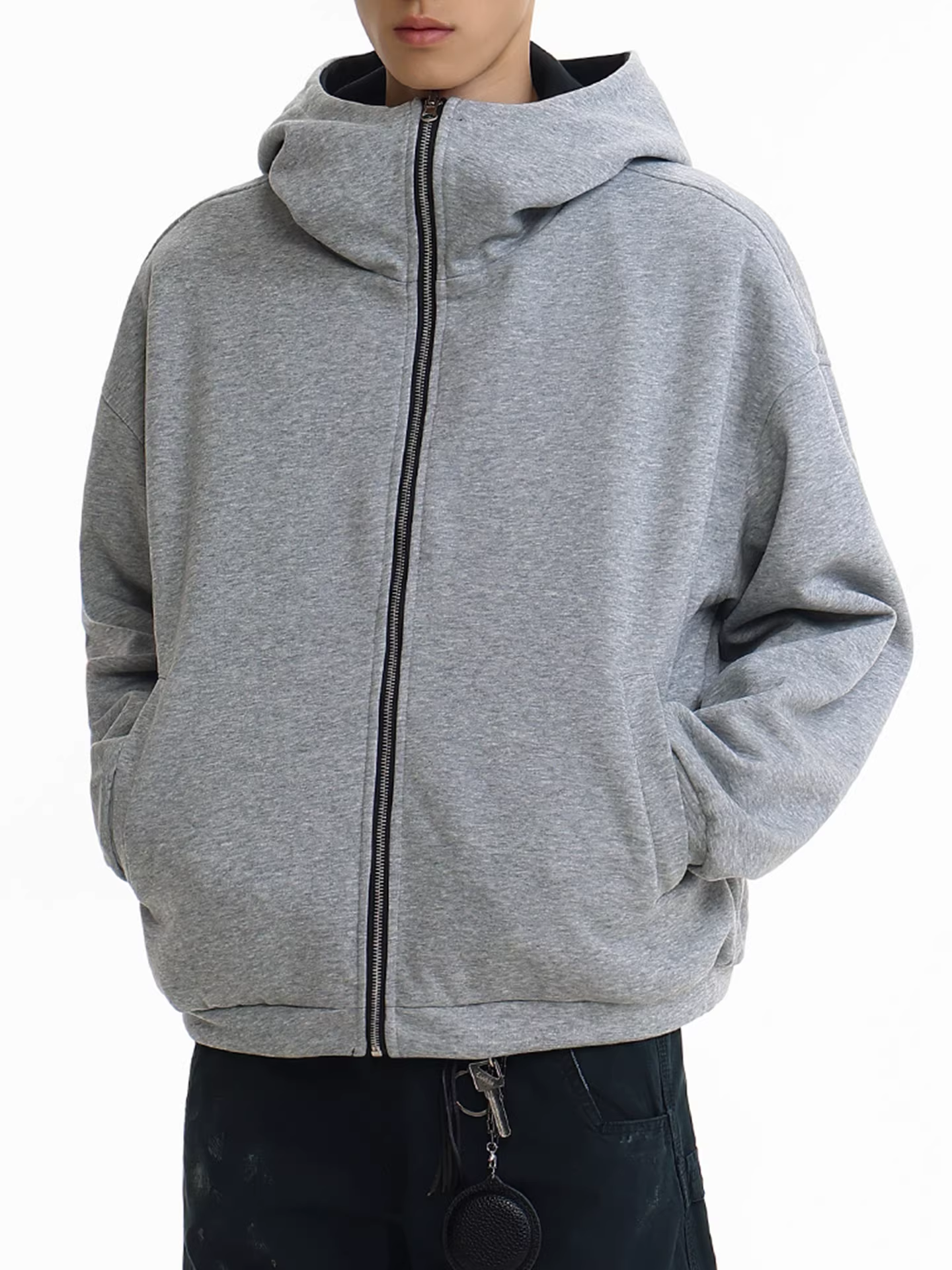 Áo len cardigan ngắn hạng nặng 460G dành cho nam, phong cách đường phố cao cấp của Mỹ mùa thu, áo mặc hai mặt rộng rãi, áo khoác có mũ màu xám