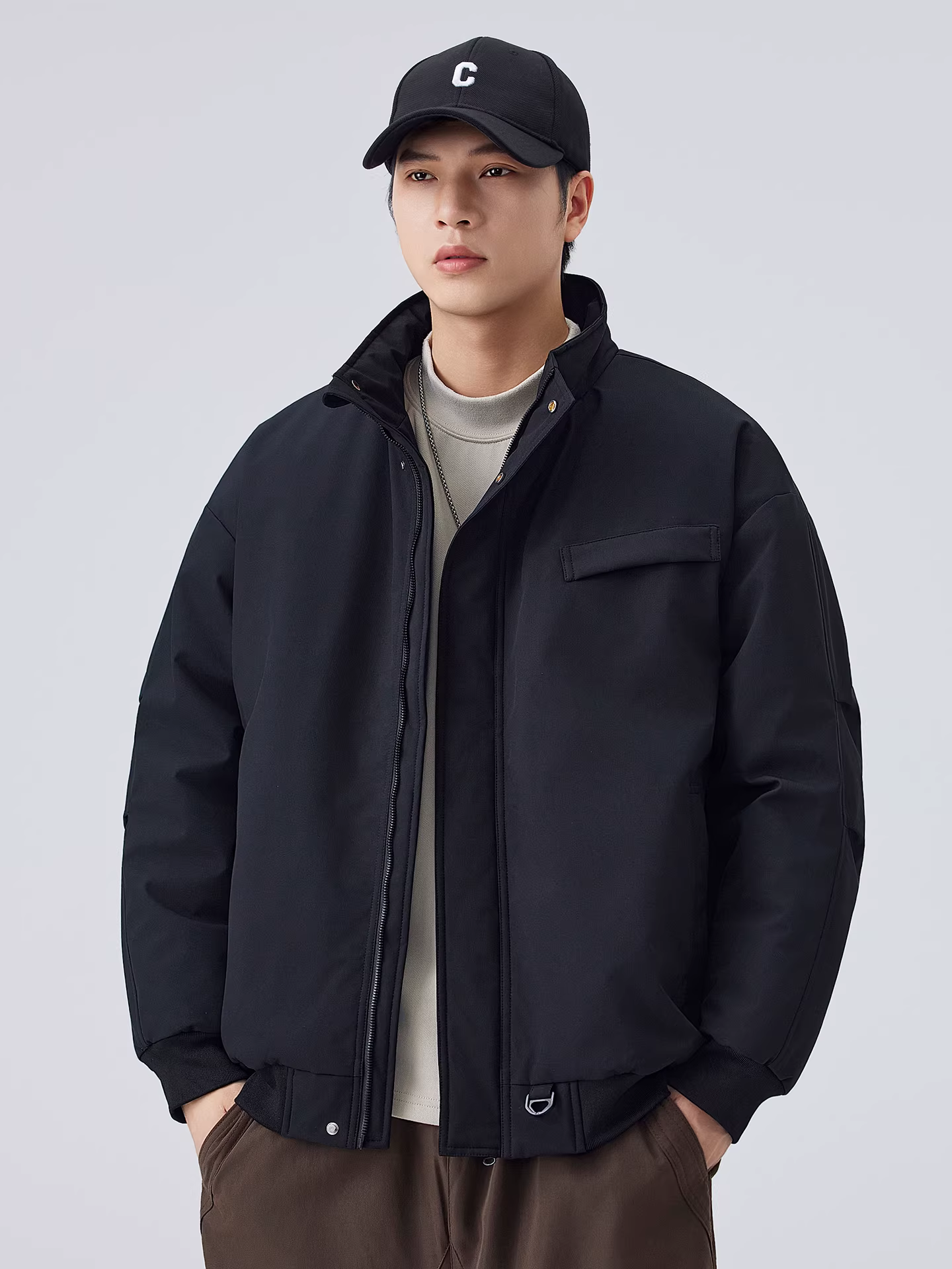 Áo khoác cotton cổ đứng kiểu Mỹ nguyên chất dành cho nam, chống lạnh mùa đông và ấm áp, áo khoác cotton dày dặn, áo khoác đồng phục phi hành đoàn.