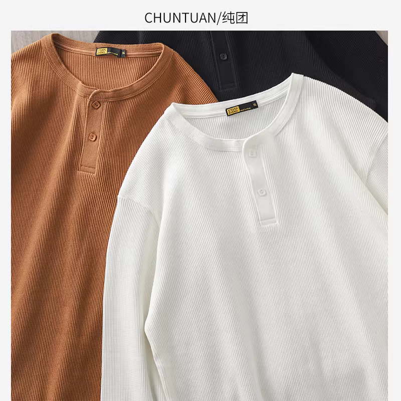 Áo thun cổ henley hạng nặng kiểu Nhật dành cho nam, mùa xuân thu, màu trắng, phong cách retro Mỹ, áo thun đế dệt kim cao cấp, dài tay