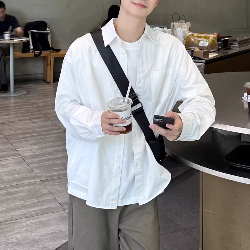 Áo sơ mi dài tay chất liệu cotton 100% cao cấp, kiểu dáng Mỹ, trọng lượng 350G, dành cho nam, áo khoác sơ mi cổ trắng cao cấp mùa thu.