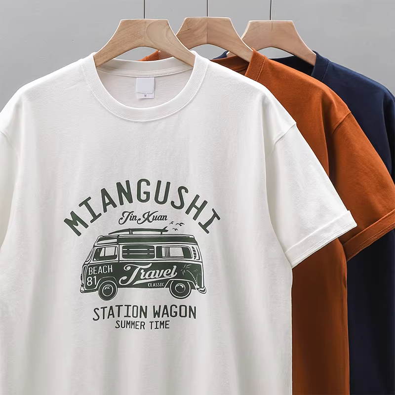 Áo thun nam chất liệu cotton 100%, dày dặn 320G, in hình xe buýt cổ điển Nhật Bản, cổ tròn, dáng rộng, phong cách giản dị Mỹ, áo thun cotton nguyên chất.