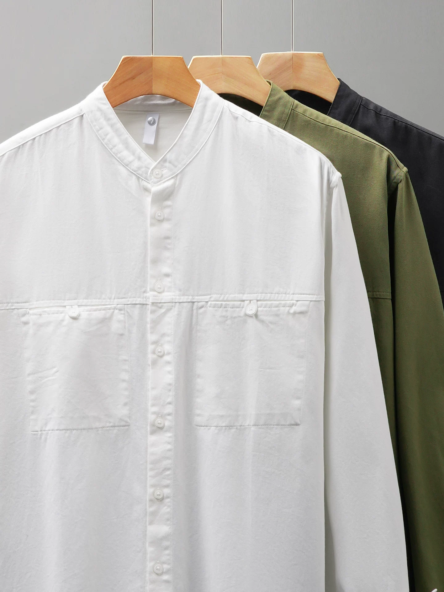Áo sơ mi cổ đứng bằng cotton nguyên chất hạng nặng dành cho nam, dài tay, mùa xuân và mùa thu, phong cách giản dị kiểu Mỹ, lớp bên trong màu trắng, áo khoác cổ tròn.