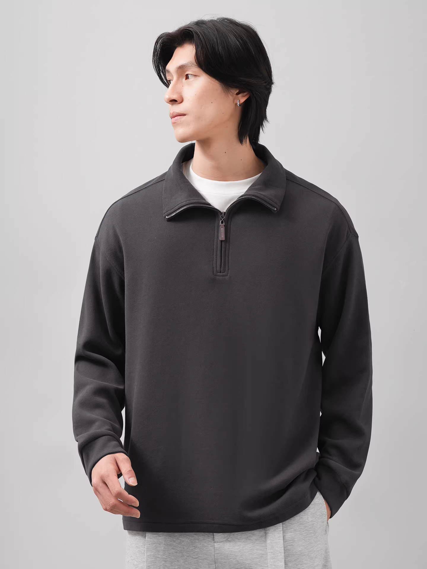 Áo nỉ nam cổ đứng có khóa kéo nửa thân kiểu Mỹ, thích hợp cho mùa thu đông, màu trơn, dày dặn, áo khoác dài tay giữ ấm.