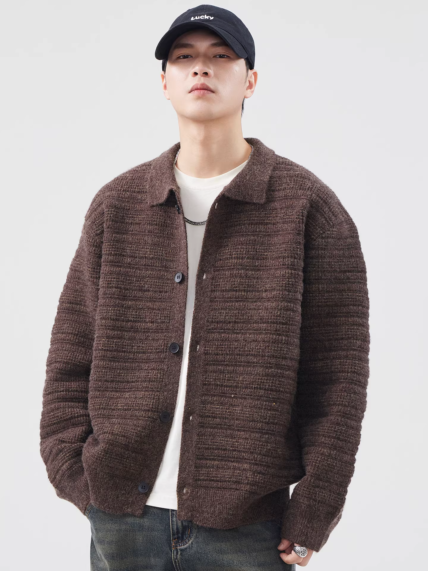 Áo len cardigan dáng rộng dành cho nam, phong cách retro Mỹ mùa đông, ấm áp, phong cách thoải mái, áo khoác dệt kim cao cấp.