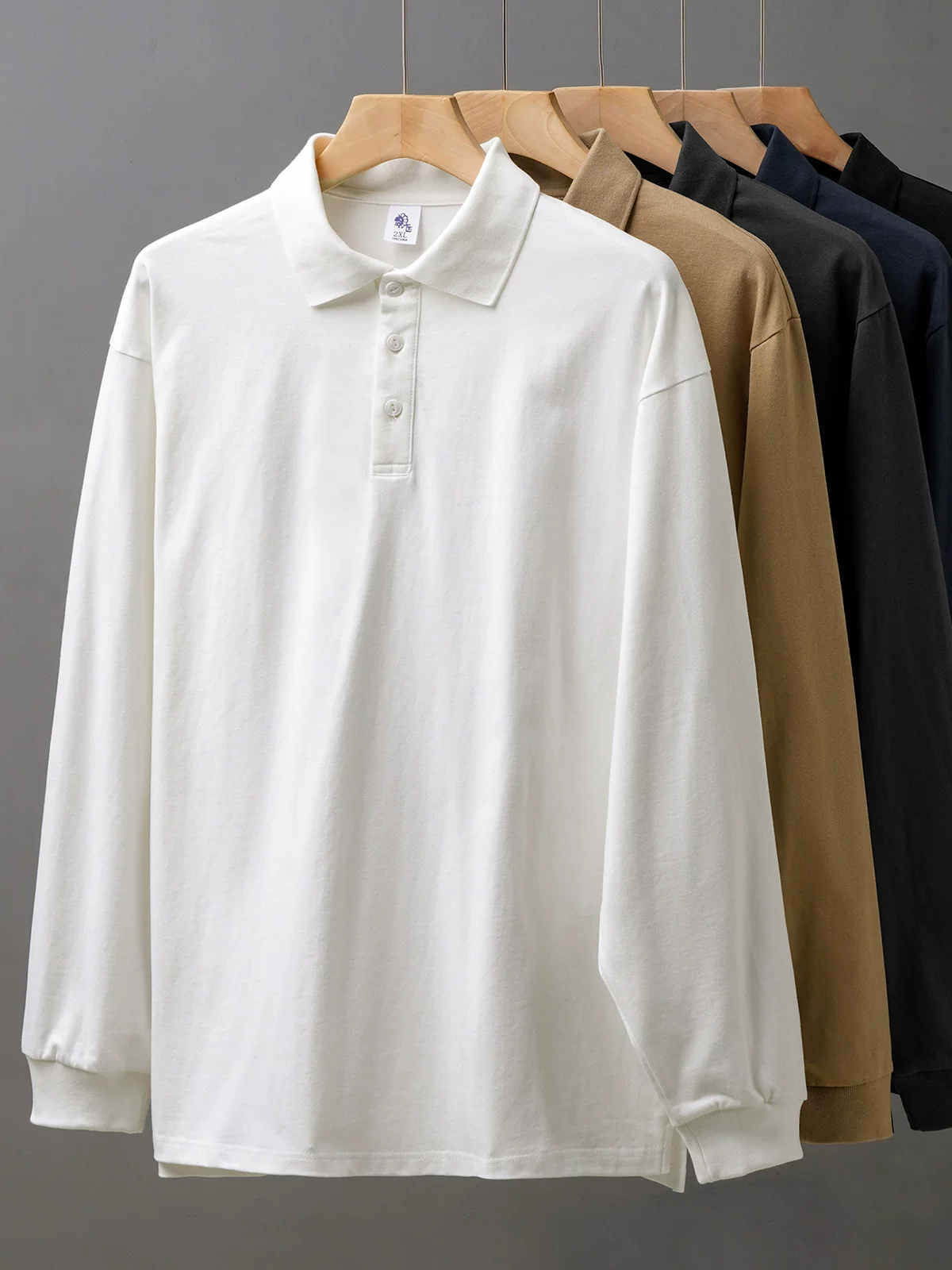 Áo sơ mi POLO cotton nguyên chất hạng nặng 320G dài tay dành cho nam mùa xuân và mùa thu kiểu Mỹ áo sơ mi màu trơn kiểu dáng rộng rãi áo nỉ có cổ thông thường