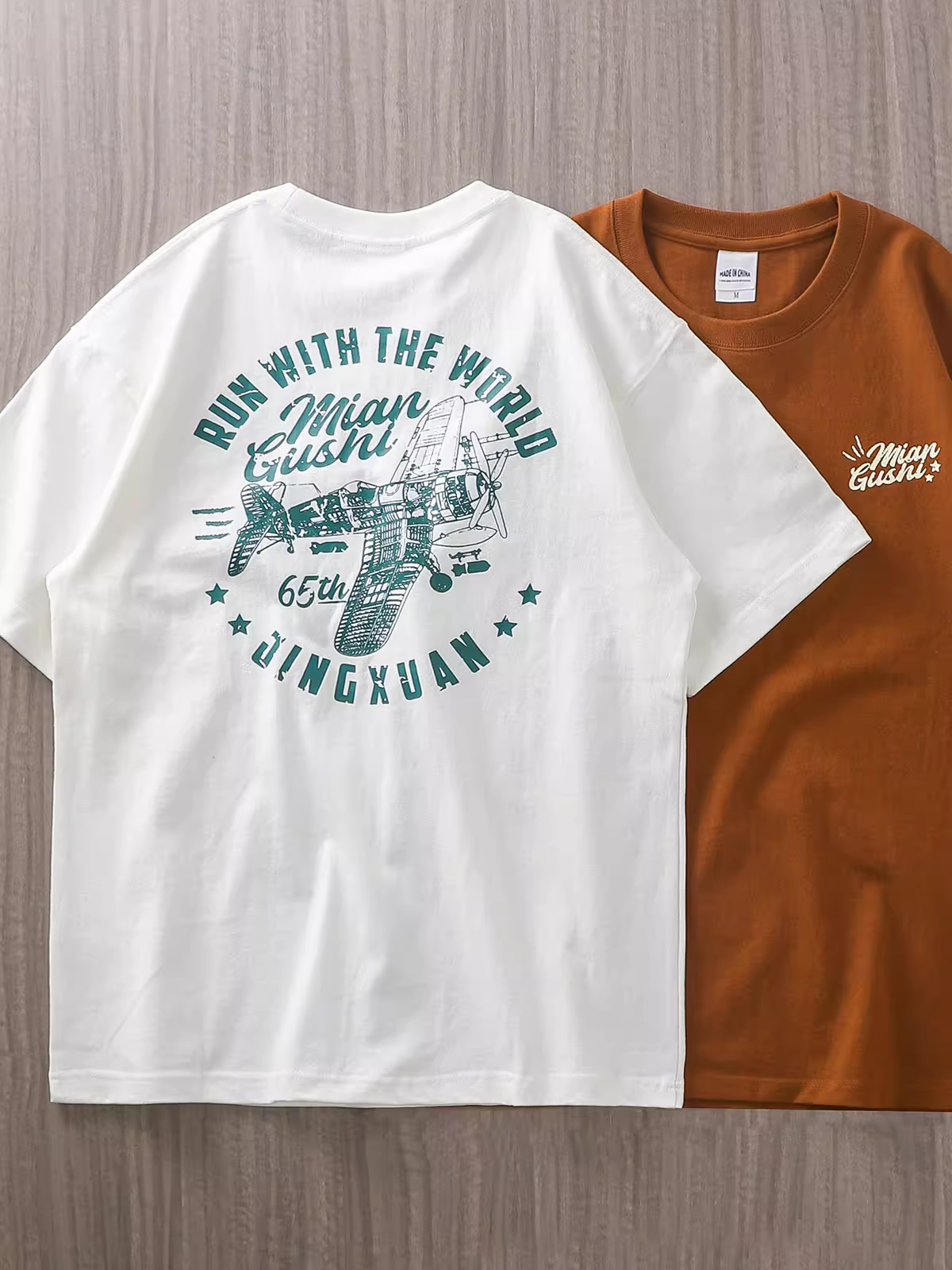 Áo thun nam cotton nguyên chất 320G, tay ngắn, in họa tiết máy bay chiến đấu cổ điển mùa hè, cổ tròn rộng, tay lửng.