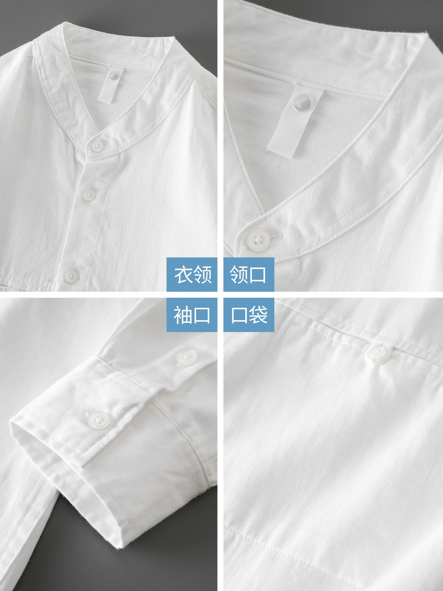 Áo sơ mi cổ đứng bằng cotton nguyên chất hạng nặng dành cho nam, dài tay, mùa xuân và mùa thu, phong cách giản dị kiểu Mỹ, lớp bên trong màu trắng, áo khoác cổ tròn.