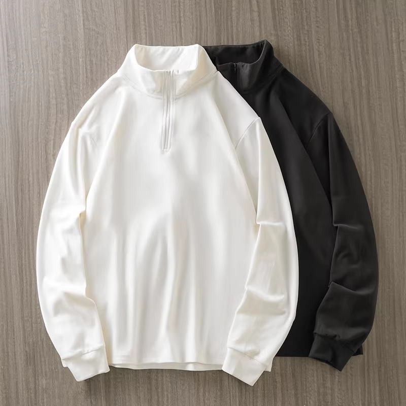 Áo thun nửa khóa kéo giữ nhiệt hai mặt dành cho nam, dài tay, mùa thu đông, ấm áp, lót lông cừu, áo len cổ đứng, màu trắng tinh khiết, áo lót bên trong.
