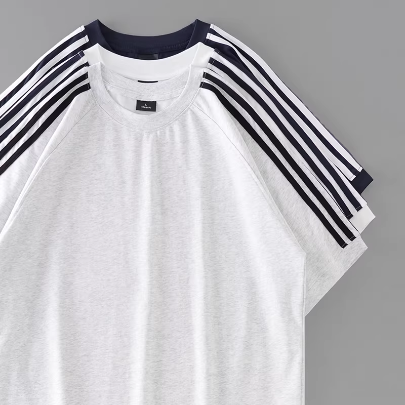 Áo thun ngắn tay chất liệu cotton nguyên chất 300G dành cho nam, áo thun mùa hè kiểu Mỹ ba sọc dáng rộng cổ tròn chất liệu cotton nguyên chất tay raglan dành cho nữ.