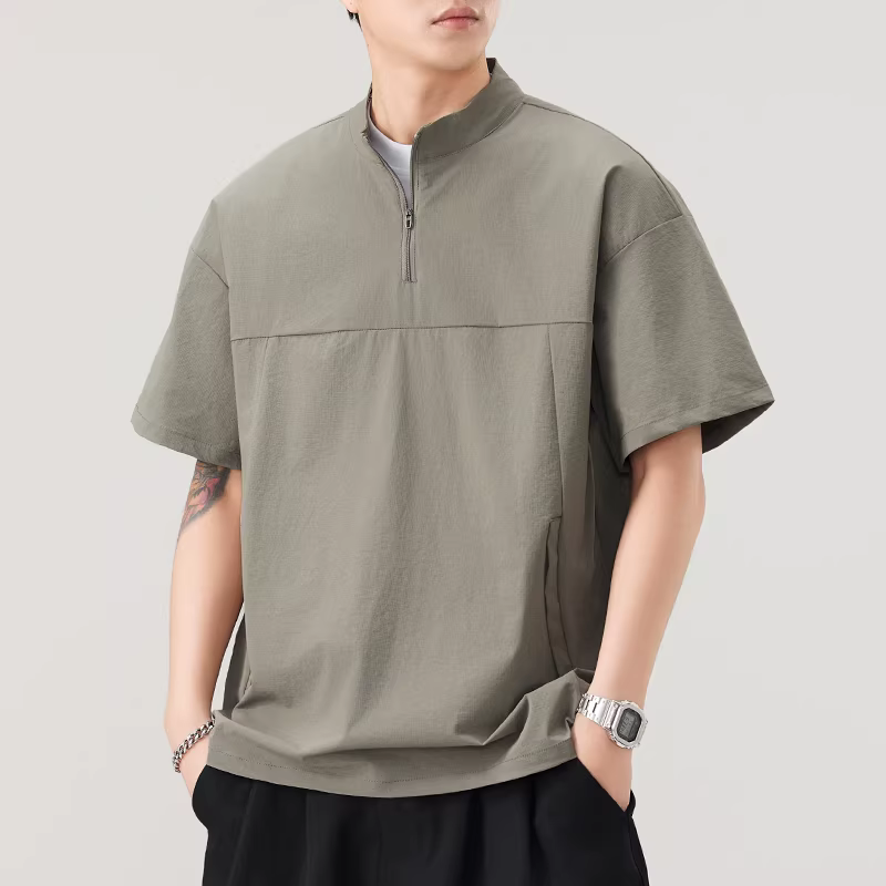 Áo thun nam chất liệu lụa đá nguyên chất, nửa khóa kéo, tay ngắn, kiểu mới hè 2025, thể thao ngoài trời, nhanh khô, cổ đứng, dành cho đạp xe