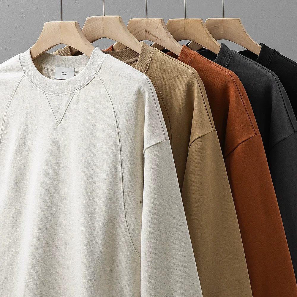 Áo thun cổ tròn chất liệu cotton nguyên chất 500G dày dặn dành cho nam, mùa thu đông, kiểu dáng retro Mỹ, thiết kế tam giác ngược, rộng rãi, dày dặn.
