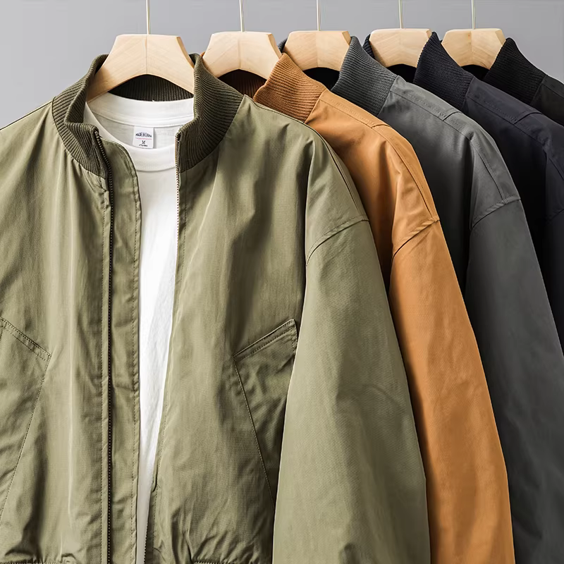 Áo khoác bomber kiểu Mỹ dành cho nam, xuân thu 2025, kiểu dáng ngắn rộng, áo khoác Harrington kiểu dáng đơn giản, cổ đứng, phong cách công sở.