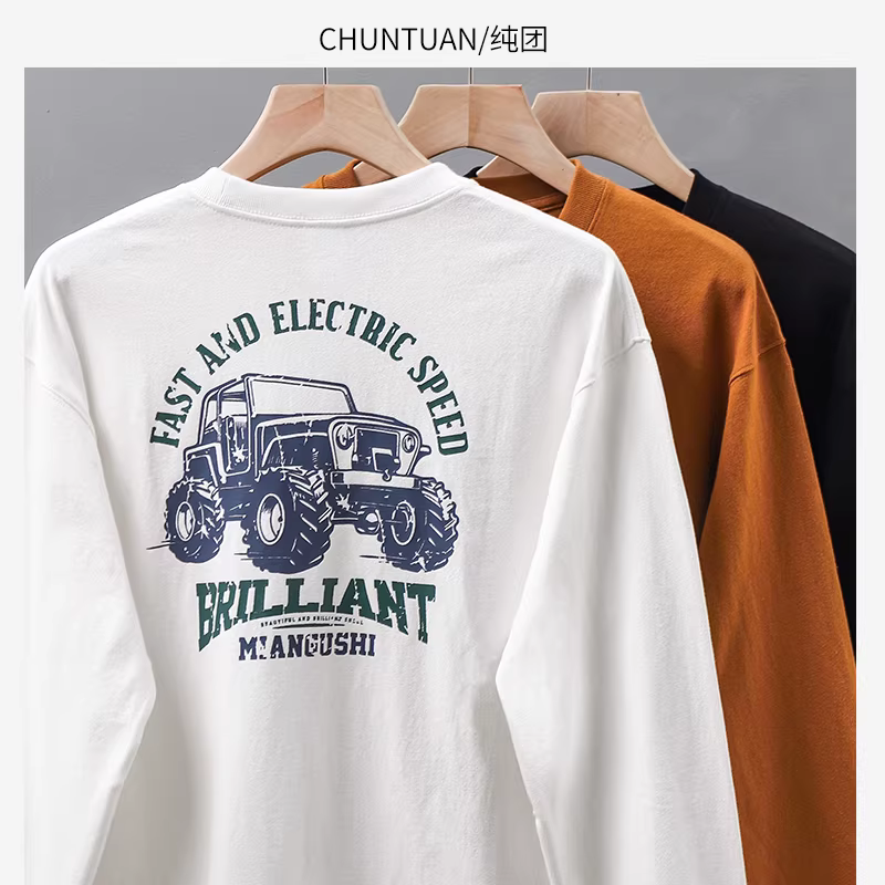 Áo thun dài tay in hình xe địa hình hạng nặng 320G dành cho nam, áo nỉ cổ tròn phong cách Mỹ mùa thu, áo sơ mi dáng rộng vai thường dành cho nam.