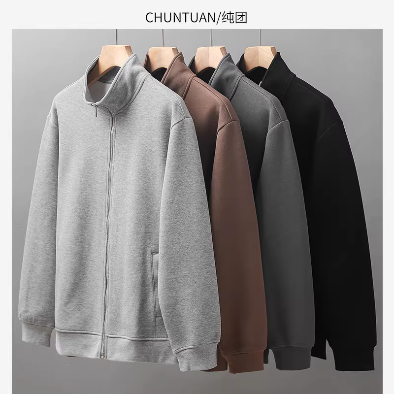Áo len cardigan cổ đứng hạng nặng kiểu Mỹ thuần túy dành cho nam giới, áo khoác thể thao rộng rãi lót lông cừu mùa thu đông, áo khoác có khóa kéo bằng vải cotton pique.