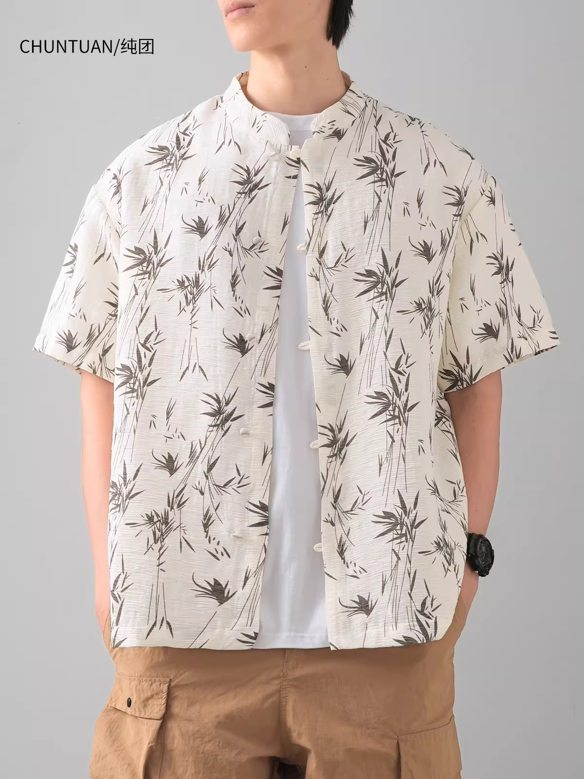 Áo sơ mi lụa băng kiểu Trung Quốc mới dành cho nam, tay ngắn, mùa hè, chất liệu tre cao cấp, cổ Henry cài nút, áo nhẹ và mát