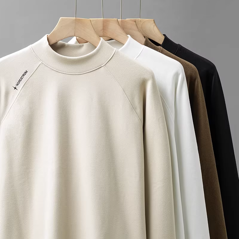 Áo thun dài tay cổ cao nửa cổ bằng nhung hạng nặng của Đức dành cho nam, áo sơ mi lớp nền dày dặn ấm áp mùa thu đông với tay áo raglan và áo len cổ giữa.
