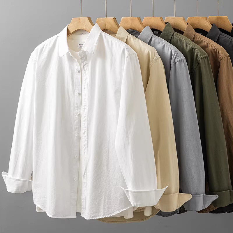 Áo sơ mi nam cotton nguyên chất hạng nặng 350G, tay dài, mùa xuân thu, lớp lót cao cấp, kiểu áo khoác sơ mi cổ trắng.