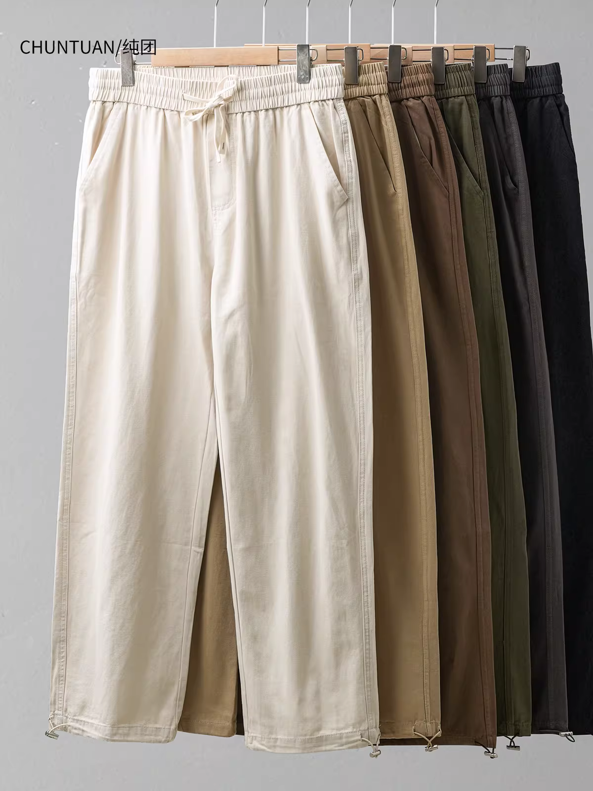 Quần cotton nguyên chất kiểu Mỹ dáng thẳng dành cho nam, quần jogger dáng rộng có dây rút mới mùa xuân thu, quần thể thao dệt kim.