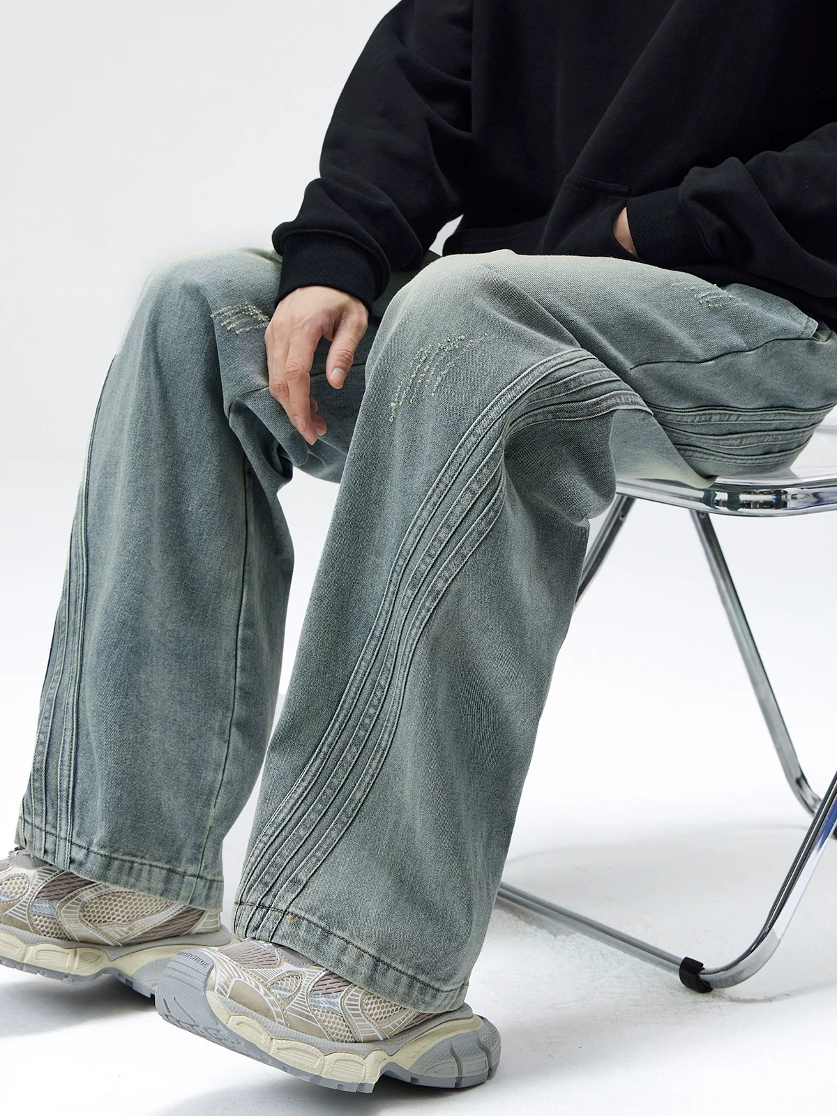 Quần jeans kẻ sọc kiểu Mỹ dành cho nam, xu hướng mới mùa thu 2024, thương hiệu thời trang, dáng thẳng rộng, quần dài mặc đi làm, phong cách thường ngày