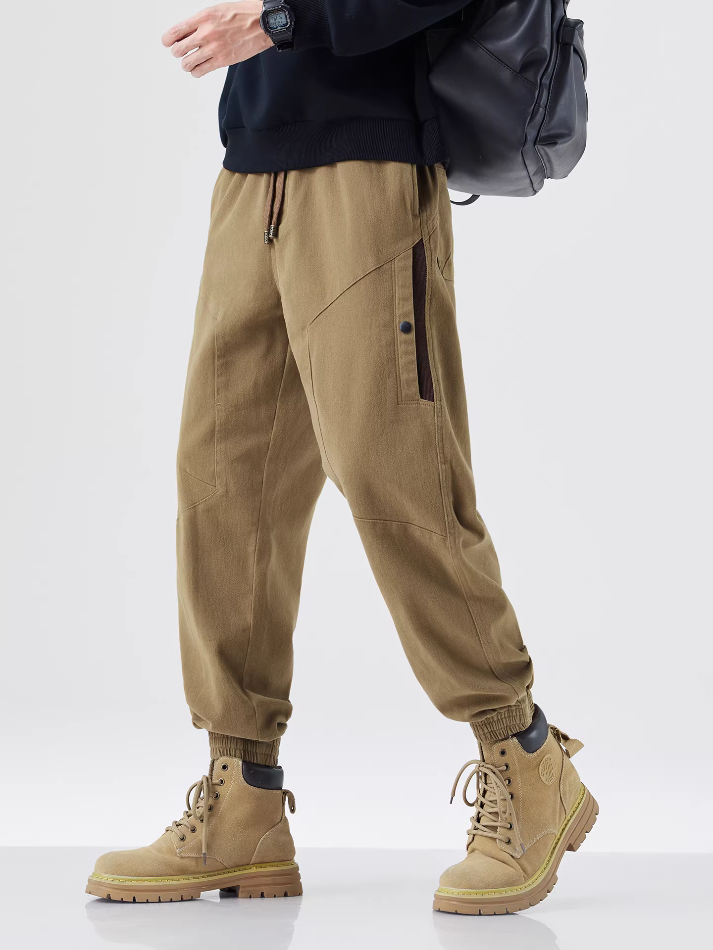 Quần cargo nam chất liệu dày dặn, mùa xuân thu, phong cách retro Mỹ, dáng rộng, thể thao, màu kaki, quần dài thường ngày