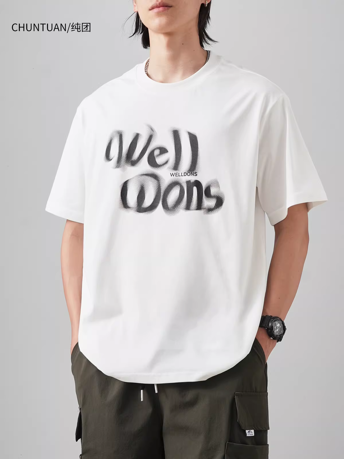 Áo thun nam tay ngắn chất dày 230g, kiểu dáng retro thời thượng, in thương hiệu, phong cách cặp đôi, dáng rộng, cổ tròn, tay lửng, mùa hè