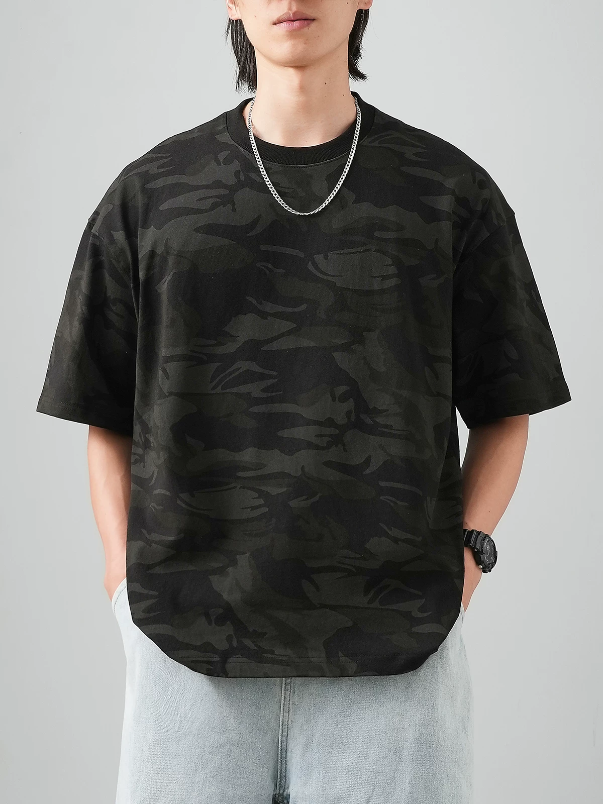 Áo thun cotton nguyên chất hạng nặng 320g dành cho nam, tay ngắn, áo thun cổ tròn họa tiết ngụy trang cổ điển mùa hè, thoáng khí, rộng rãi, kiểu dáng giản dị nửa tay hợp thời trang