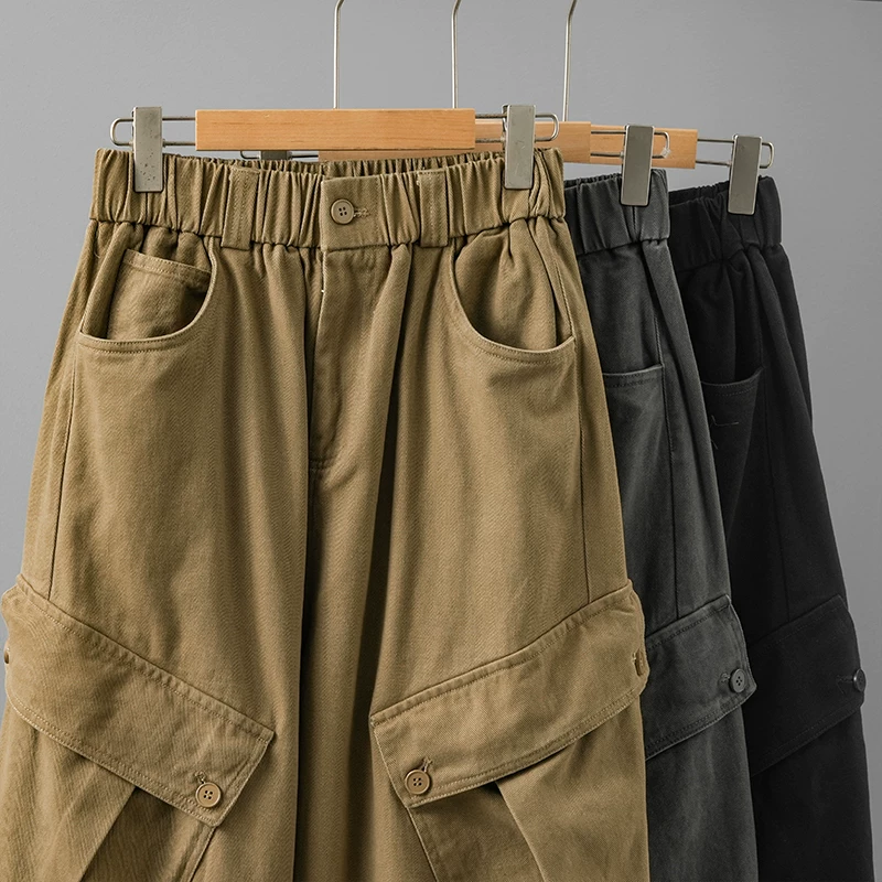 Quần cargo nam chất liệu cotton nguyên chất dành cho mùa thu đông, phong cách Mỹ, kiểu dáng retro thời thượng, túi lớn, dáng rộng, ống thẳng, quần thường ngày thoải mái.