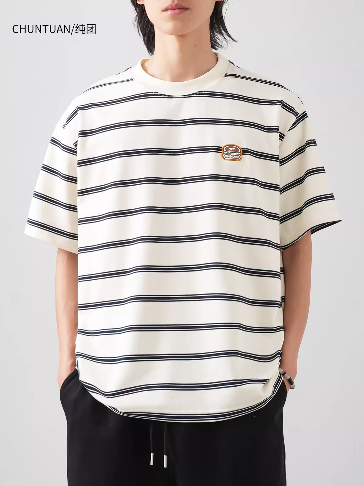 Áo thun sọc nặng 260G dành cho nam, tay ngắn, phong cách Mỹ mùa hè, thêu hình bánh hamburger thời thượng, áo thun cổ tròn rộng rãi dành cho giới trẻ