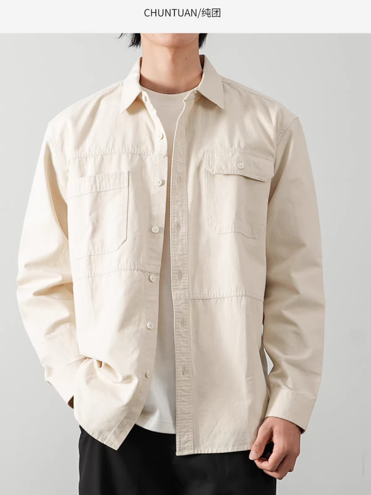 Áo khoác kiểu áo sơ mi làm việc bằng cotton nguyên chất hạng nặng dành cho nam, mùa xuân và mùa thu, phong cách cổ điển Mỹ, dáng rộng, giản dị, áo sơ mi dài tay màu trơn.