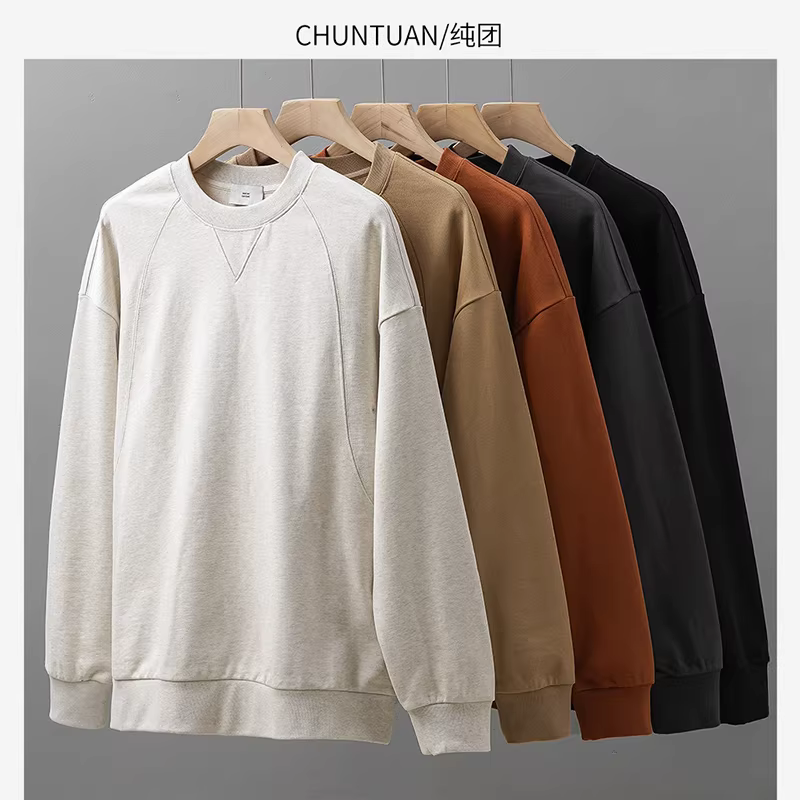 Áo thun cổ tròn chất liệu cotton nguyên chất 500G dày dặn dành cho nam, mùa thu đông, kiểu dáng retro Mỹ, thiết kế tam giác ngược, rộng rãi, dày dặn.