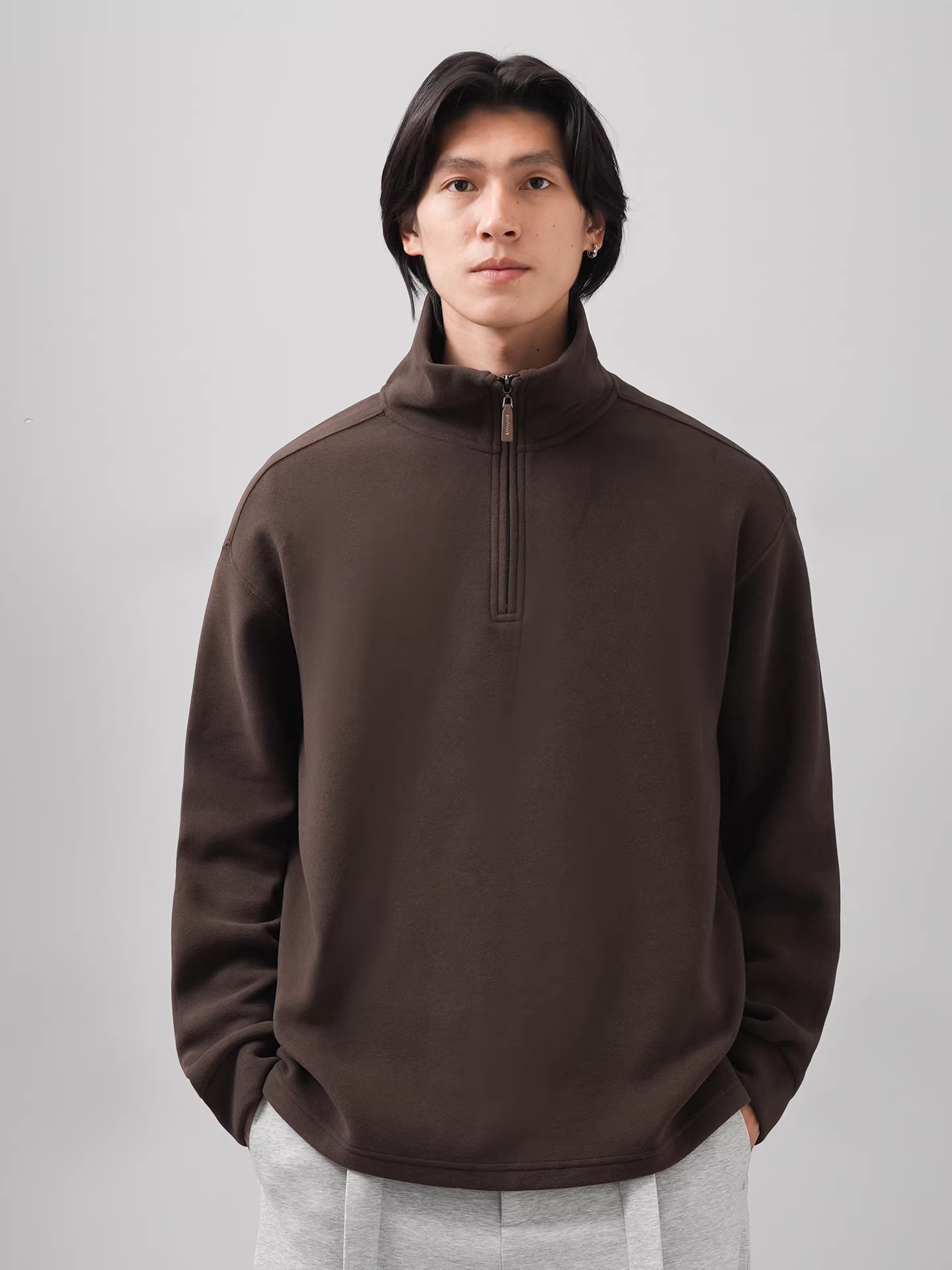 Áo nỉ nam cổ đứng có khóa kéo nửa thân kiểu Mỹ, thích hợp cho mùa thu đông, màu trơn, dày dặn, áo khoác dài tay giữ ấm.