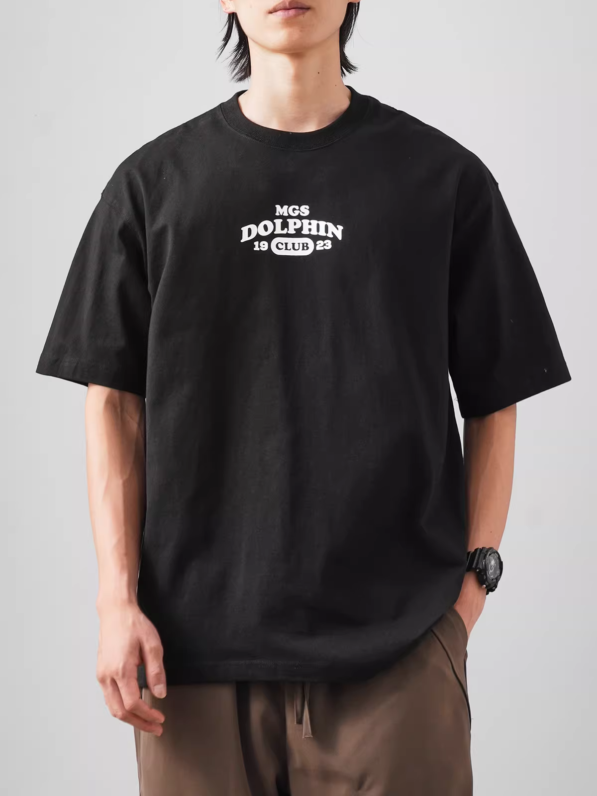 Áo thun nam cotton 100% dày dặn 320G tay ngắn mùa hè phong cách Mỹ thời thượng in hình cá heo dáng rộng cổ tròn