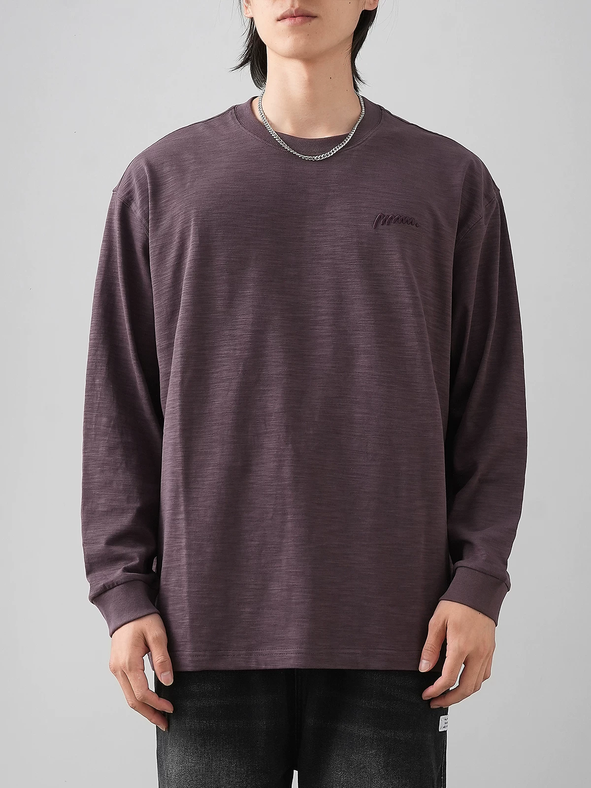 Áo thun dài tay bằng vải cotton tre hạng nặng dành cho nam, phong cách mới mùa thu 2024, áo len cổ tròn thêu kiểu Mỹ, áo sơ mi bằng vải cotton nguyên chất, hợp thời trang.