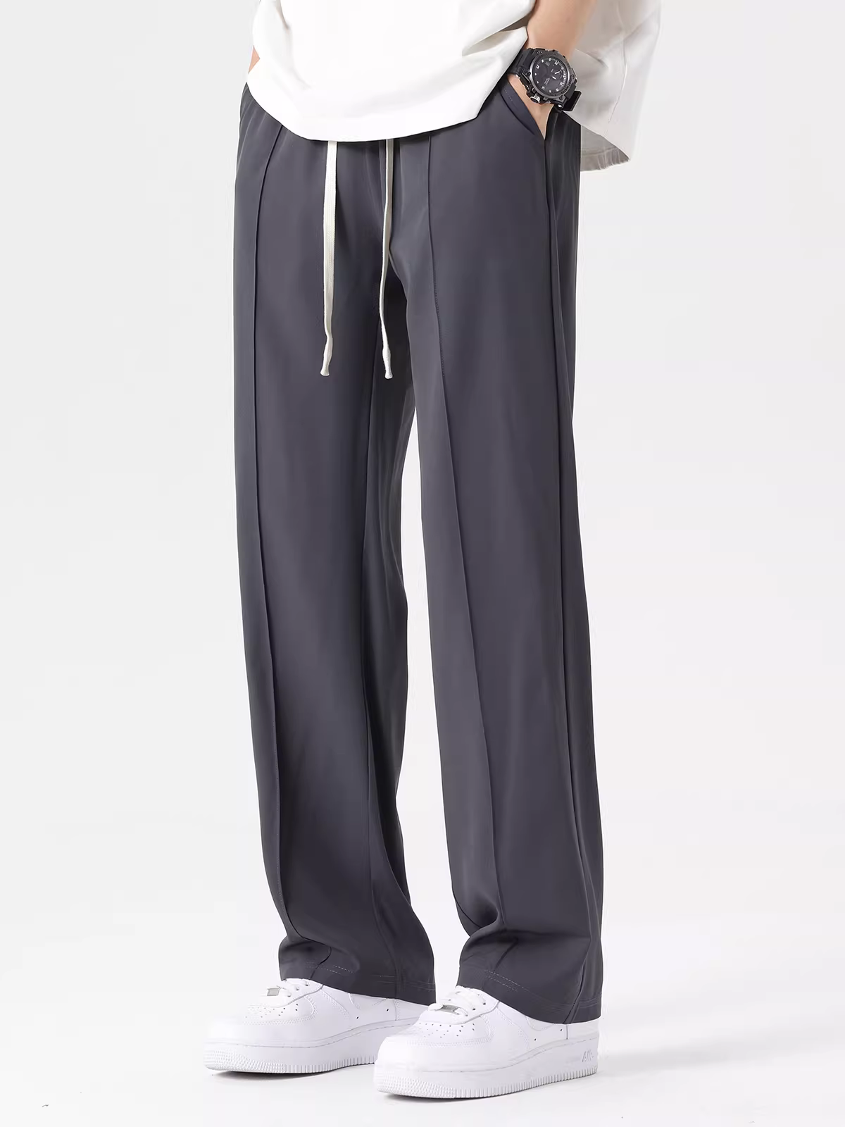 Quần âu nam chất liệu lụa đá mát lạnh, quần thể thao mùa hè mỏng nhanh khô, dáng rộng, có hiệu ứng xếp ly, quần dài ống thẳng