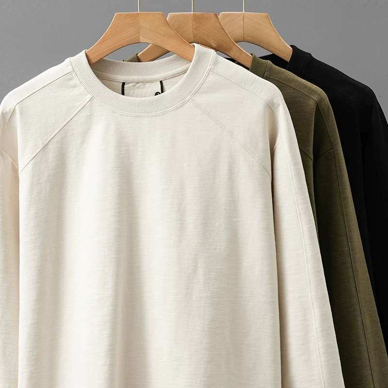Áo thun cotton tre hạng nặng 320G dành cho nam, dài tay, xuân thu, tay áo raglan phong cách Mỹ, lớp bên trong, áo len cổ tròn rộng rãi